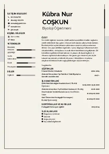 Biyoloji Öğretmeni CV Örnekleri cv indir